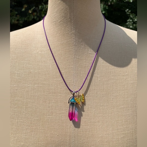 Handmade Cotton Candy Crystal Amulet Necklace & Enamel Butterfly Charm - Picture 6 of 8